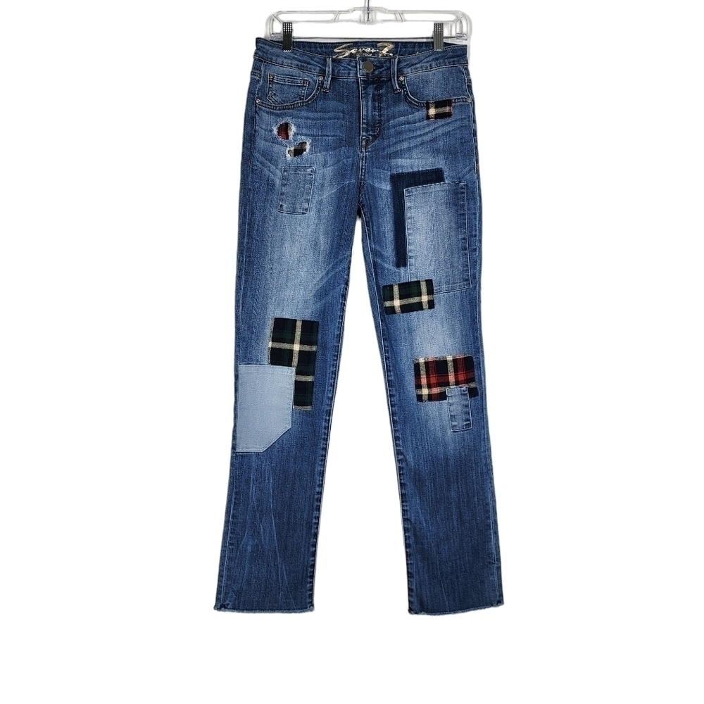 SEVEN7 HIGH RISE SLIM STRAIGHT PATCHWORK JEANS